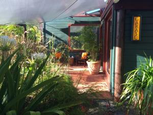 A patio with plants and flowers in the sun.